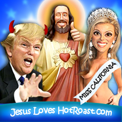 The Donald and Jesus both support Miss California's freedom of speech and lacking attire.  Photo art by Michelle.